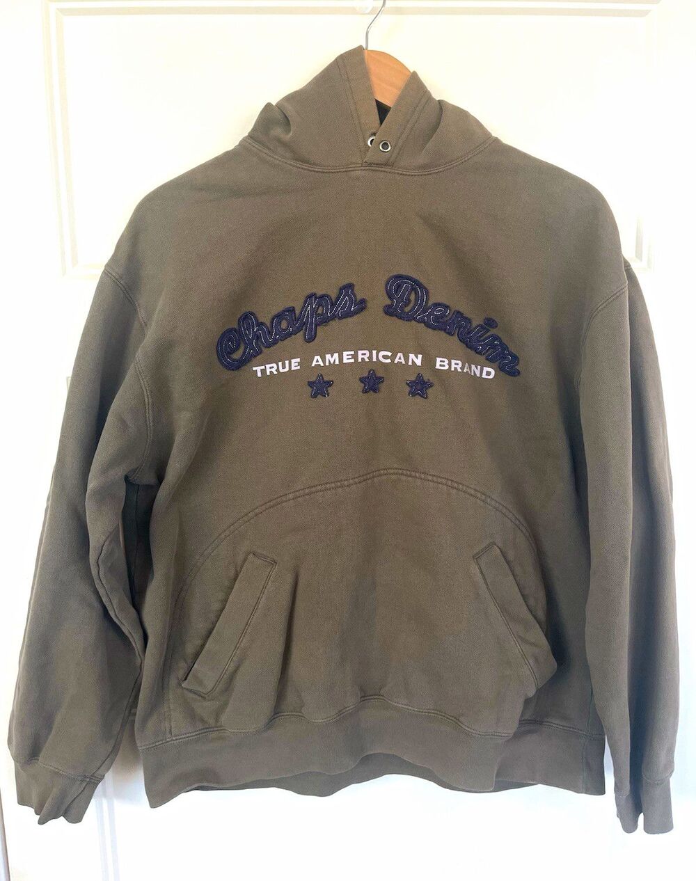 Chaps Denim Mens Fleece Pullover Hoodie Embroidered Logo Pockets Tan/Gray Large